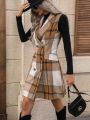 SHEIN Essnce Women's Plaid Cape Collar Double Breasted Vest Dress