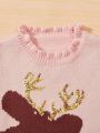 SHEIN Kids QTFun Young Girl Deer Pattern Sequin Detail Frill Trim Sweater