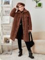 SHEIN Girls' Knitted Solid Color Reversible Fleece Collar Pockets Casual Long Coat