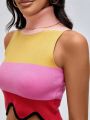 ISELACOS Color Block Scallop Trim Turtle Neck Crop Knit Top