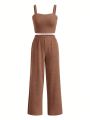 SHEIN Teenage Girls' Knit Slim Solid Color Tank Top + Loose Fit Pants Casual Outfit