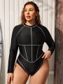 SHEIN Swim SPRTY Plus Size Women'S Raglan Sleeve One Piece Swimsuit