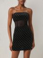 Leslie Samano Rhinestone Detail Mesh Insert Velvet Cami Dress