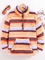 SHEIN Kids Academe Tween Boy Striped Kangaroo Pocket Half Button Fuzzy Sweatshirt