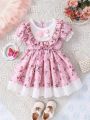 Elegant British French-Style Countryside Print Ruffle Hem Puff Sleeve Cuff Lace Hem Baby Girl Dress