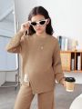 SHEIN Kids EVRYDAY Tween Girls' Knitted Solid Color Round Neck Loose Top And Wide Leg Pants Casual 2pcs/Set