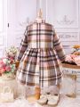 SHEIN Kids CHARMNG Young Girl Plaid Print Flap Pocket Dress & Crop Jacket