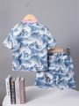 SHEIN Boys' One-Piece Casual Wave Printed Mandarin Collar Shirt And Shorts Chinese Style Clothes