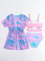 Girls' (Big) Marble Printed One Piece Swimwear With Mesh Cover Up