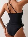 SHEIN Swim Basics Women's Solid Color Single Shoulder Casual Tankini With Drawstring Bag