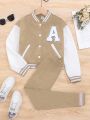 Girls' Letter Printed Baseball Jacket And Leggings Set