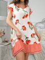 Women's Floral Print Colorblock Sleep Dress With Ruffle Hem