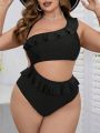 SHEIN Swim Chicsea Ladies' Plus Size One Shoulder Lace Decor Hollow Out Swimsuit