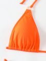SHEIN Swim Basics Ladies' Solid Color Halter-Neck Bikini Set