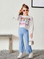 SHEIN Young Girl Sweet & Cool Pullover Hoodie With Solid Color Flared Pants