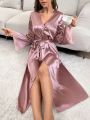 Solid Lace Cuff Belted Satin Robe