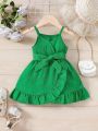 SHEIN Infant Girls' Casual Everyday Wear Jacquard Fabric Strap Dress With Belt, Spring/Summer, Suitable For Going Out