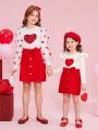 SHEIN Kids FANZEY Girls' Knitted Stand Collar Patchwork Top & Woven Mesh Skirt Set (matched With Sibling Outfits) (2 Sets Sold Separately)