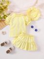 2pcs/Set Sweet Plaid Turn-Down Collar Short Sleeve Shirt And Skirt Outfit For Baby Girls