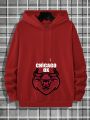 Men's Bull Head & Letter Printed Fleece Lined Hoodie With Drawstring