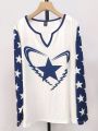 Plus Size Color Block Star & Heart Print Notched Neck T-Shirt