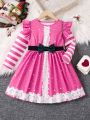 Young Girl Striped & Polka Dot Print Ruffle Trim Bow Front Dress