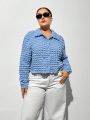 SHEIN Essnce Plus Size Women's Fashion Casual Spring And Summer Women's Clothing New Design Textured Fabric Blue Women's Long Sleeve Button-Up Shirt Top