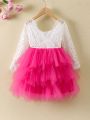 SHEIN Kids CHARMNG Young Girl Color Block Splicing Lace & Multi Layer Mesh Hem Dress