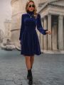 Mock Neck Lantern Sleeve Velvet Dress