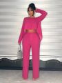 SHEIN SXY Solid Colored Top With High-Low Hemline And Pink Pants With Slanted Pockets Set