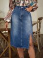 Denim Mini Skirt With Washed Finish And Split Hem