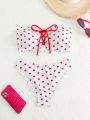 SHEIN Swim Mod Women's Heart Pattern Front Tie Bandeau Bikini Set