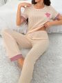 Star Embroidered Short-Sleeve Top And Long Pants Pajama Set