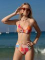 Teen Girls' Colorful Block Collision Three-Piece Swimsuit Set