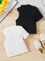 SHEIN Kids EVRYDAY Toddler Girls' Knitted Solid Color Stand Collar Sleeveless Joint Casual T-Shirt 2pcs/Set