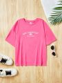 SHEIN Kids EVRYDAY Tween Girl Knitted Loose Fit Short Sleeve Embroidered Letter Casual T-Shirt