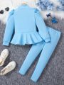 SHEIN Kids FANZEY Little Girls' Blue High-neck Puff Sleeve Top With Ruffle Trim & Leggings Set