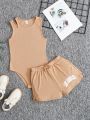 SHEIN Kids SUNSHNE Tween Girls' Knitted Solid Color Jumpsuit And Loose Knitted Shorts Set