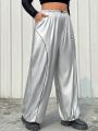 SHEIN Coolane Ladies' Plus Size Silver & Contrast Color Rolled Edge Weave Pants