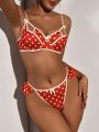 Polka Dot Print Underwire Bra Set With Bow Decoration