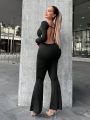 SHEIN SXY Solid Backless Flare Leg Jumpsuit