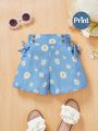 SHEIN Baby Girl'S Casual Flower Patterned, Bow-Knot Elastic Waist, Denim-Like Shorts