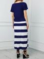 Plus Size Loose Fit Round Neck Printed T-Shirt With Striped Skirt Casual 2pcs/Set