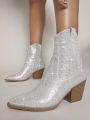 Rhinestone Pointy Toe Block Heel Boots