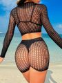 SHEIN Swim BAE Women's Short Fishnet Cardigan Set