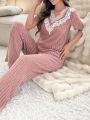 Women'S Lace Splice Short Sleeve And Pants Pajama Set