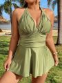 SHEIN Swim Classy Plus Size Ruched Backless Halter Top And Triangular Pants Bikini Swimsuit Set