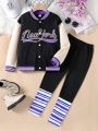 SHEIN Kids HYPEME Tween Girl Letter Graphic Striped Trim Colorblock Varsity Jacket & Leggings