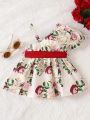 Infant Girls' Bubble Sleeve Floral Printed Belted A-Line Dress With Asymmetric Collar, Simple And Stylish, For Spring And Summer