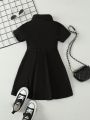 SHEIN Kids SUNSHNE Little Girls' Fashionable Pattern Printed Half-Zipper A-Line Dress For Spring And Summer